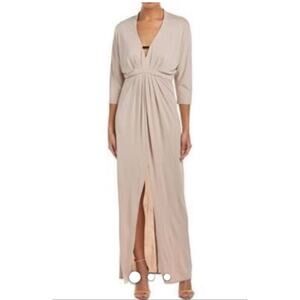 Trina Turk Beige V-Neck Maxi Dress Gown Size 12 Pleated Front Slit Wedding Guest